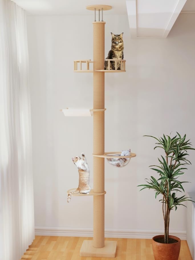Floor-to-ceiling cat tree with natural rope - 82-112 in