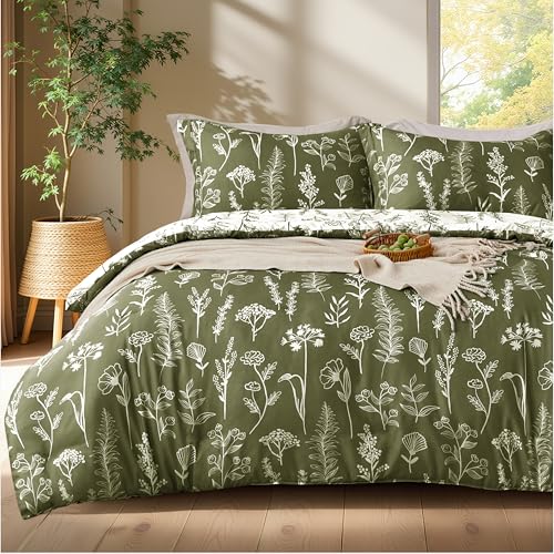 Joiedomi Queen Comforter Set Olive Green, 3 Pieces Floral Queen