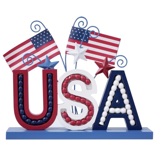 4th of July Decorations Patriotic Decor Wooden Memorial Day Decorations Red White Blue Sign USA Flag Table Centerpieces Tabletop Farmhouse Fourth of July Decoration for Home Office Tiered Tray Shelf Mantel 250th Anniversary