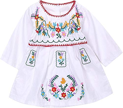 Image of Kashoer Newborn Toddler Baby Girls Ethnic Embroidery Floral Dress Long Sleeve Party Sundress Skirt (0-6Months, White)