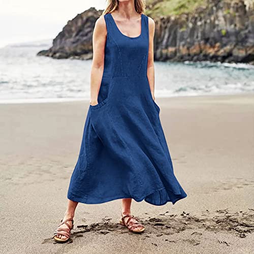 Plus Size Cotton Linen Summer Dresses for Curvy Women 2025 Sleeveless Maxi Vacation Beach Sundresses with Pockets
