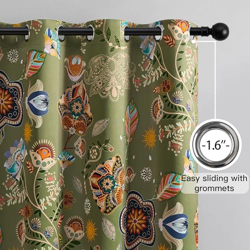 Image of XiDi Sage Green Floral Patterned Curtains Boho 100% Blackout Curtains 52x84