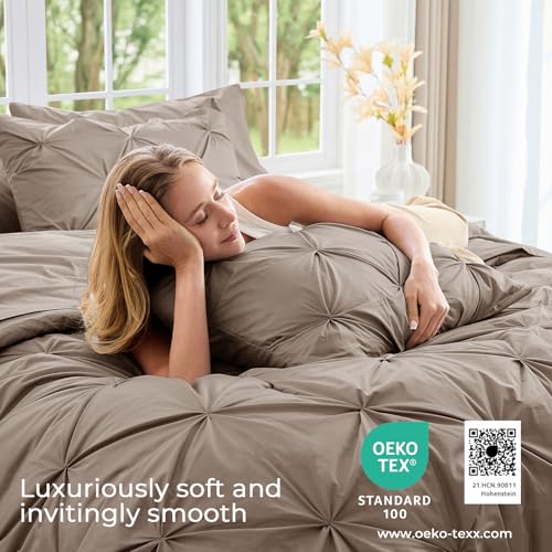 Image of Sasttie Oversized Queen Comforter Set, 7-Piece Bed in a Bag, Pintuck Bedding Sets for All Season, Includes Comforter, Flat Sheet, Fitted Sheet, Pillowcases and Pillowshams, Dark Linen