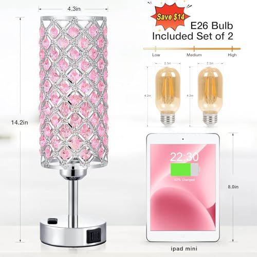 Image of Hong-in Pink Crystal Lamp Set of 2, 3 Way Dimmable Touch Lamp for Bedroom with Crystal Shade, Bedside Nightstand Lamps for Living Room Bedroom Home Office