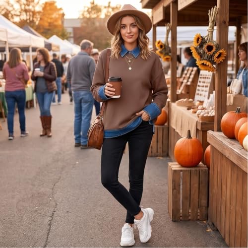 Womens Long Sleeve Tops for Fall Denim Basic Fit Side Slit Workout Top - image 3