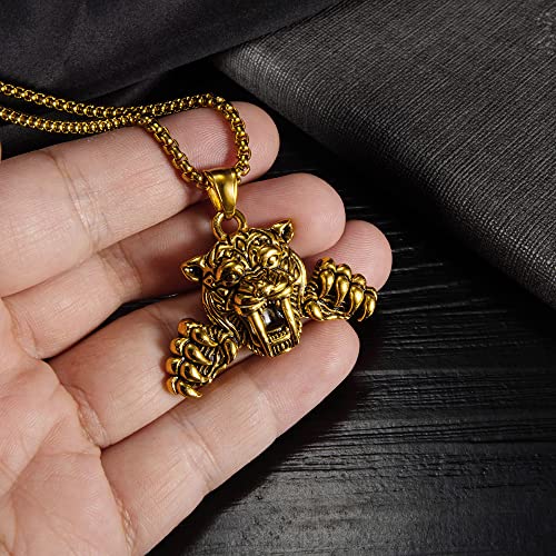 GulCean Tiger Necklace for Men Gold Stainless Steel Cool Punk Stylish Viking Anime Aesthetic Animal Fierce Tiger Head Pendant Necklace Nickel Free Non Tarnish Jewelry4