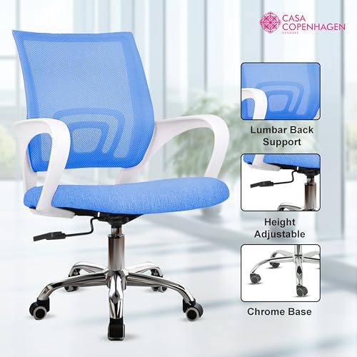 Image of Casa Copenhagen Mesh Mid Back Office /Study /Computer /Revolving /Desk Chair for Work from Home -Metal Base, Height Adjustable Seat- Jet Blue & White Handle