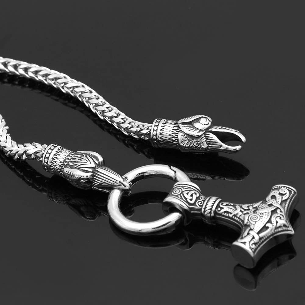 Nordische Mythologie Edelstahl Doppel Rabenköpfe Halskette, Runder Schnallenring, Thors Hammer Anhänger, Dicke Kette, Wikinger Mjolnir Amulette, Retro Skandinavischer Schmuck