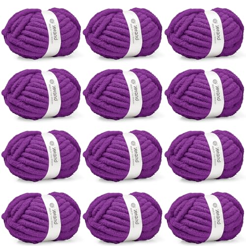 Image of Inhand Grape Purple Chunky Chenille Yarn for Hand Knitting,Thick Bulky Mom Blanket Yarn for Crocheting,Soft Fluffy Yarn for Mother's Day Gifts and Crafts for Women /Grandma,12 Pack (29.5Yds /8.4oz Each)