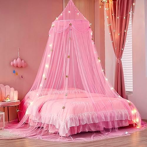 Princess Bed Netting Canopy Mosquito Net Bed Canopy for Girls Round Dome Bed Netting Canopy for Adults with Lights,White