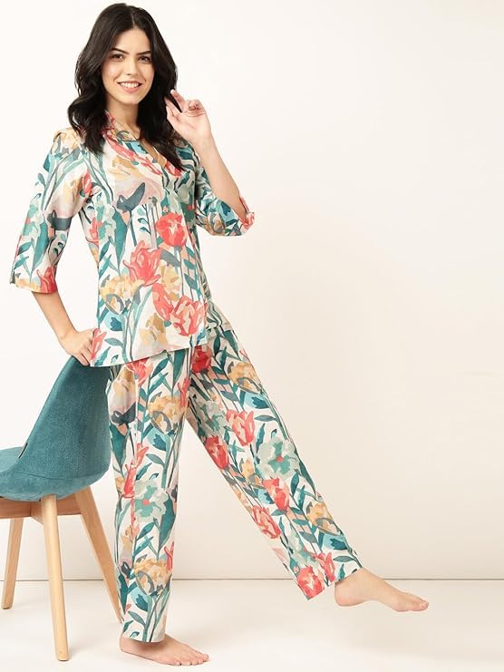 Image of STORIES OF BANNO'S SWAGGER Premium Poly Muslin Floral Co-Ord Set for Women | Soft Pajama Set | Elegant Printed Nightwear Lounge Outfit | Trendy Casual Wear Co-Ord Set