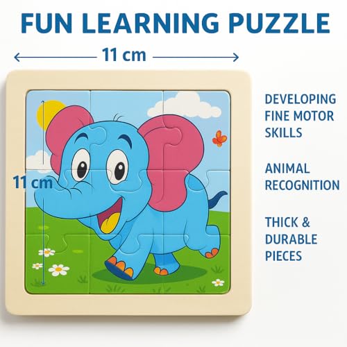 Image of FUN4YOU Wooden Animal Puzzle for Kids - 4 Pack Cartoon Jigsaw Puzzles | Cow, Rabbit, Elephant & Panda | Educational Montessori Learning Toy for Toddlers | Brain Development & Fun Activity Game