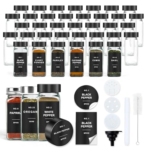 OMOZUN Spice Jars with Label, 36pcs 4oz Glass Spice Jars with Black Lids, Square Spice Containers with 304 Labels and Shaker Inserts, Empty Seasoning Bottles for Drawer, Cabinet, Seasoning Organizer