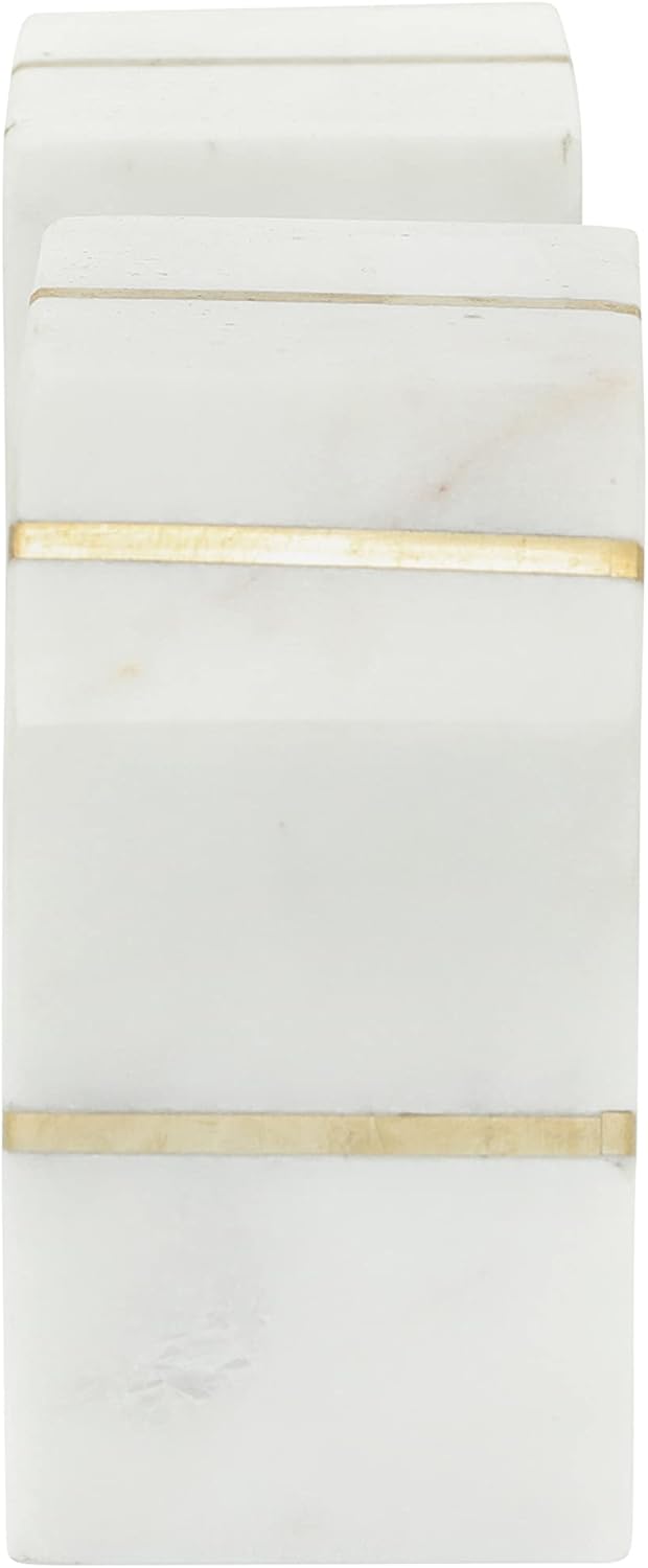 Sagebrook Home Set of 2 Marble Bookends with Inlay Stripes - Modern Heavy-Duty Decorative Stone & Metal Book Holders for Home, Office, Bedroom, or Living Room - 5" White