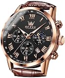 OLEVS Watches for Men Dress Brown Leather Analog Quartz Moon Phase Mens Watches Sports Luminous Wate