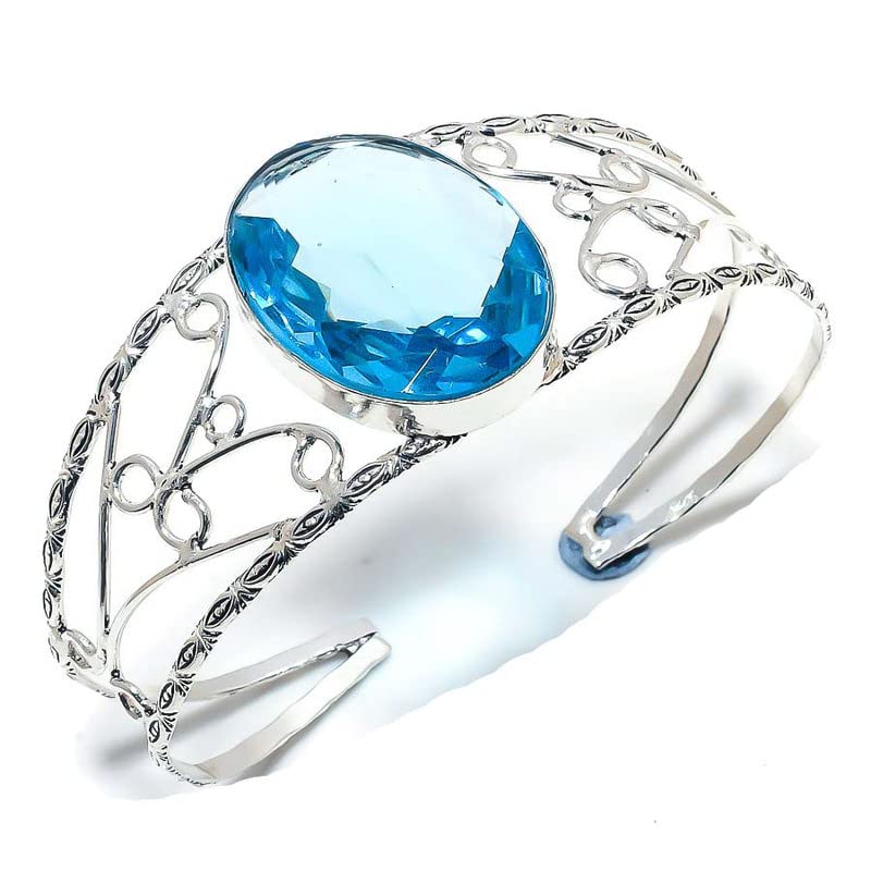 KashishLondon Blue Topaz Quartz Handmade Cuff/Bracelet For Girls Woman's Sterling Silver Plated Jewelry From