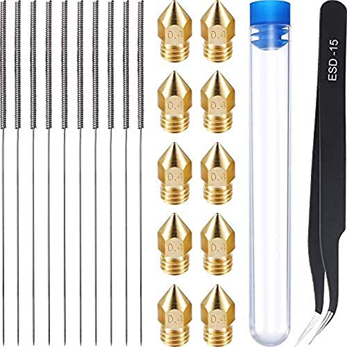 Creality3D MK8 10pcs Brass Nozzles 0.4mm Extruder+10pcs Stainless Steel Nozzle Cleaning Needles+1pcs Tweezers and 1box for 3D Printer Ender 3/Ender3 pro/CR-10 v2