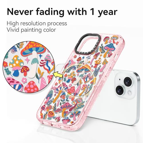Coque iPhone 15 durable antichoc motif champignon jungle paillettes