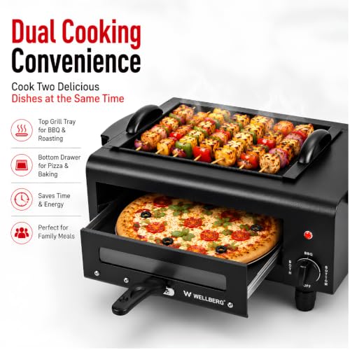 Image of Wellberg 2200W 3-in-1 Electric BBQ Grill & Tandoor Oven | 16 Inch Multipurpose Electric Tandoor | Stainless Steel Heating Element | Suitable for Pizza, Paneer Tikka, Naan, Roti & Roasting