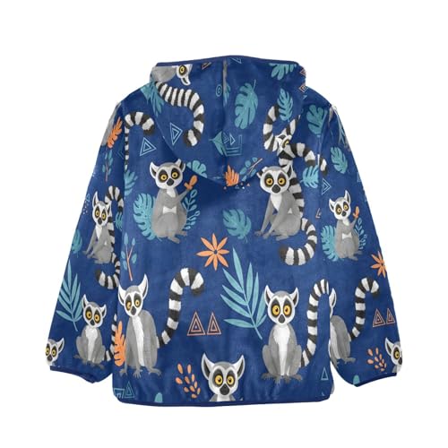 Lemur Pattern on Blue Background Toddler Fleece Jacket Girl Boys Hooded Fleece Jacket Coat Warm Outwear Zip-up 3-10T2