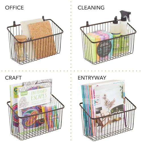 Image of 2875 Portable Metal Farmhouse Wall Decor Angled Storage Organizer Basket Bin for Hanging in Entryway, Mudroom, Bedroom, Bathroom, Laundry Room - Wall Mount Hooks Included, Small - Black