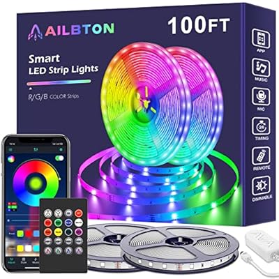 AILBTON Led Lights for Bedroom,100ft Led Light Strip Music Sync RGB Led Strip Lights Built-in Mic,Bluetooth App Control Led Room Lights with Remote,5050 RGB Rope Light
