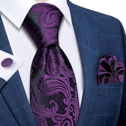 Image of DiBanGu Mens Paisley Tie Set Silk Woven Jacquard Necktie and Pocket Square Cufflinks Gift Set for Wedding Bussiness