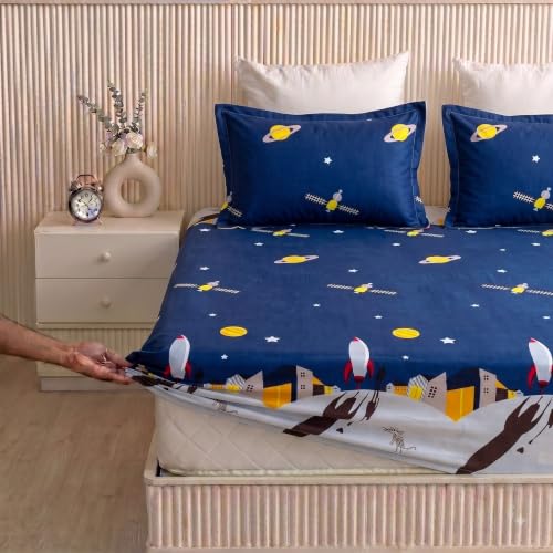 Image of Filymore Double Fitted Bedsheet with 2 Pillow Covers, Space Rocket Printed Bed Sheet for Double Bed, 240 TC Soft Microfiber Elastic Fitted Bedsheet, Mattress Size 72 x 72 Inch, Blue