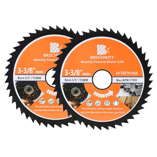 HSS Circular Saw Blade 3 3/8inch - BRSCHNITT 2pcs 44T 3/5"-3/8" Bore Cutting Discs for Cutting Wood, Copper, Aluminum, Plastic and Soft Metal