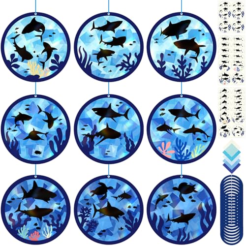 Renbuzhu 48PCS Summer Crafts: Paper Shark Suncatchers DIY Kits Window Stained Glass Effect Art Supplies