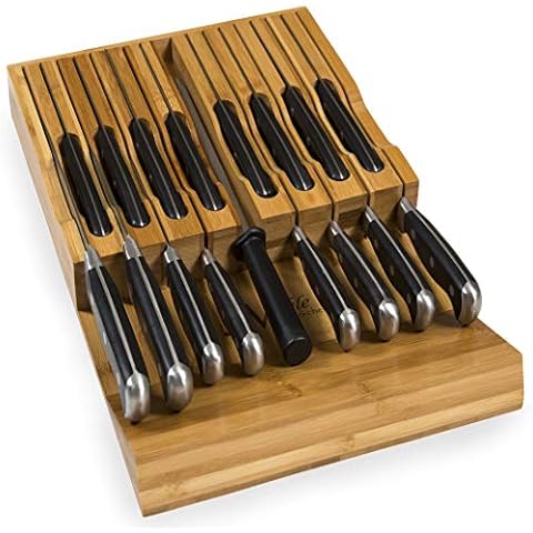 in-Drawer Bamboo Knife Block Holds 16 Knives (Not Included) Without Pointing Up Plus a Slot for Your Knife Sharpener! Noble home & chef Knife Organizer Made from Quality Moso Bamboo Cover