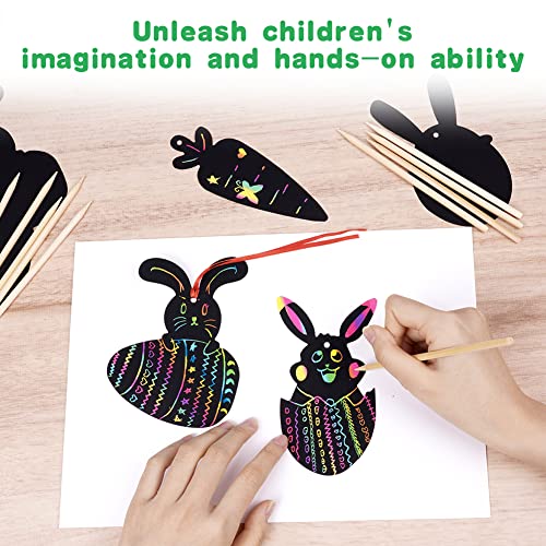 Vicloon Ostern Kratzbild Kinder, 48 Stück Hase Kratzpapier, Osterhasen Regenbogen Scratch Art DIY Dekoration für Ostern Party Mitgebsel (Oeuf)