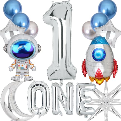 GGDE Space Themed Party Decorations: 14 Pcs Kit, Silver Rocket Astronaut Moon Balloons, 40 Inch Number 1, Boys' 1st Birthday Party Decor