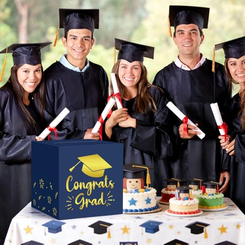 Image of Hooqict Graduation Card Box with Slot 9.1 inch Congrats Grad Blue Gold Money Card Box for Class of 2026 Graduation Decorations Money Envelope Gifts Cards Holder Grad Party Supplies
