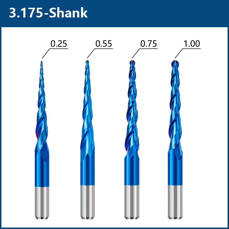 4pcs 2-Flute Tapered Ball Nose Spiral End Mill R0.25-1.0 Carbide Milling Cutter CNC Router Bit Wood Cutters Tools 2D and 3D Engraving Carving Woodworking Bits