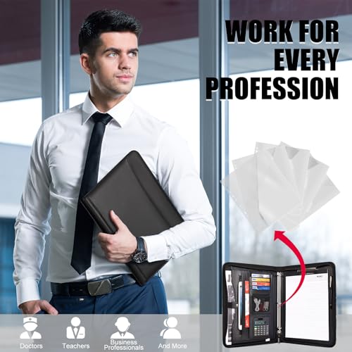 Image of Eshow Portfolio Organizer - 3 Ring Binder with Zipper, Vegan Leather Business Padfolio Folder with Notepad Includes 5 Clear Sheet Protectors for Documents Files for Men Women