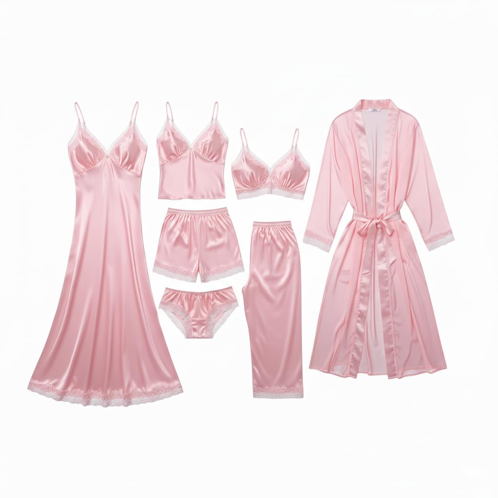 Valentine's Day Fancy Night Suit Bath Robe Dress & Bra Panty Set Combo for Women's Pack of 7 Pcs Nightwear Lingerie Silk Wedding Gifts Lace Nightsuit Set Pink Dress (Free Size)-image-21