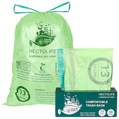 13 Gallon,50 Count, Compostable Trash Bags with Drawstring,Tear Resistant Kitchen Food Scrap Waste...