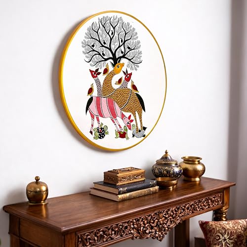 Image of Tribal Gond Round Framed Wall Art Painting For Living Room | Tribal Madhubani Folk Animal Wall Art Painting With Frame for Home, Bedroom & Office, 16 Inch