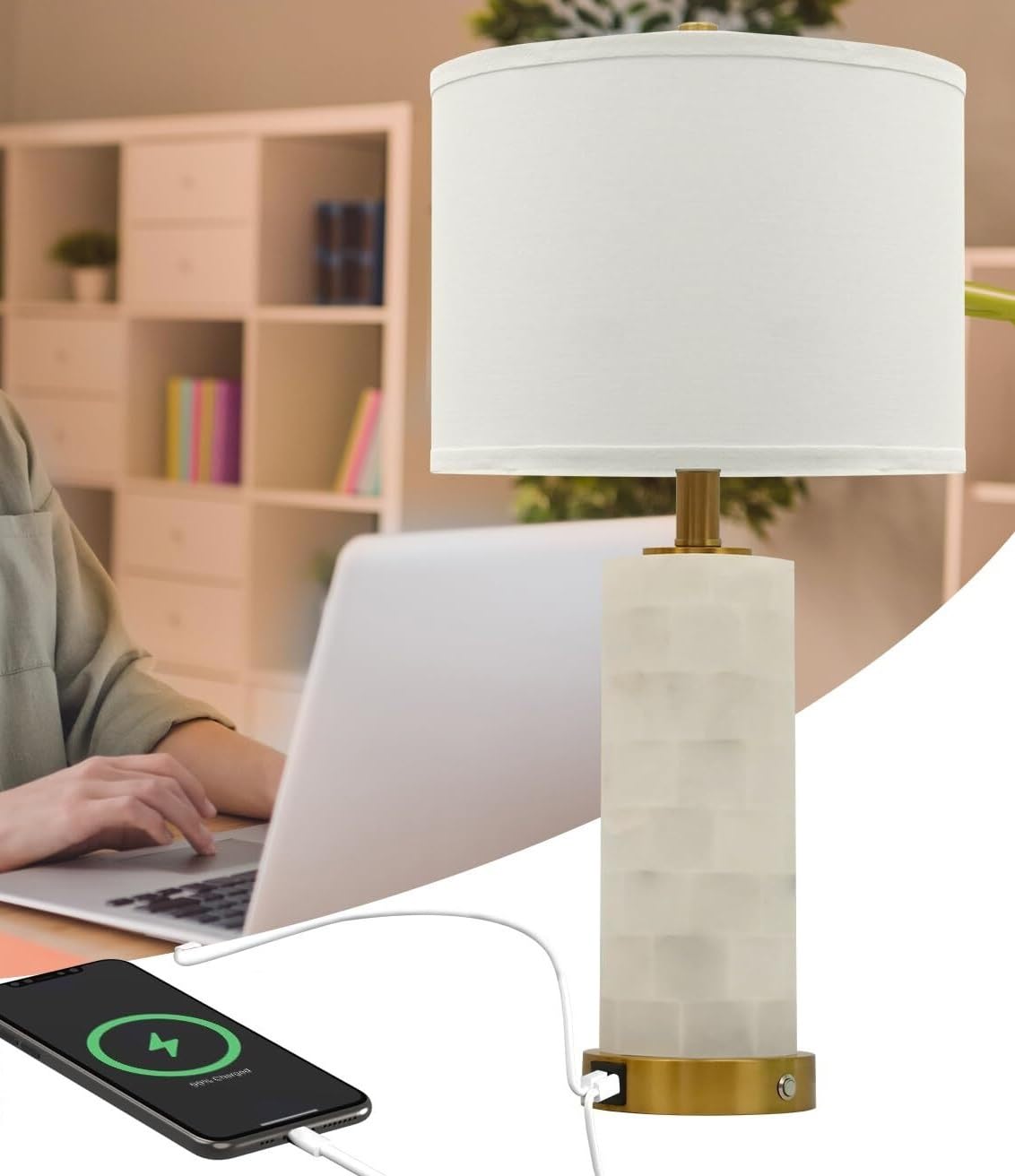 CXYWBD Alabaster Tischlampe 2-Pack, 3 Farbtemperaturen, USB-Anschluss, mit USB-Häfen, oder Glühbirne für Schlafzimmer, Wohnzimmer, Büros, Buch geeignet