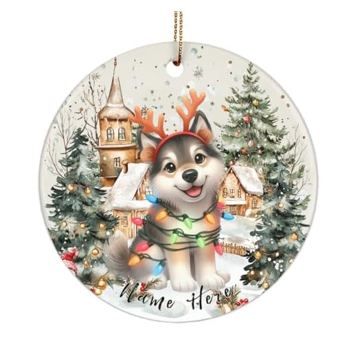 ECODRAN Norwegian Elkhound Dog Wearing Christmas Lights and Reindeer Antlers Ornament for Norwegian Elkhound Mom, Dad, Dog Lovers Birthday Gift - Round