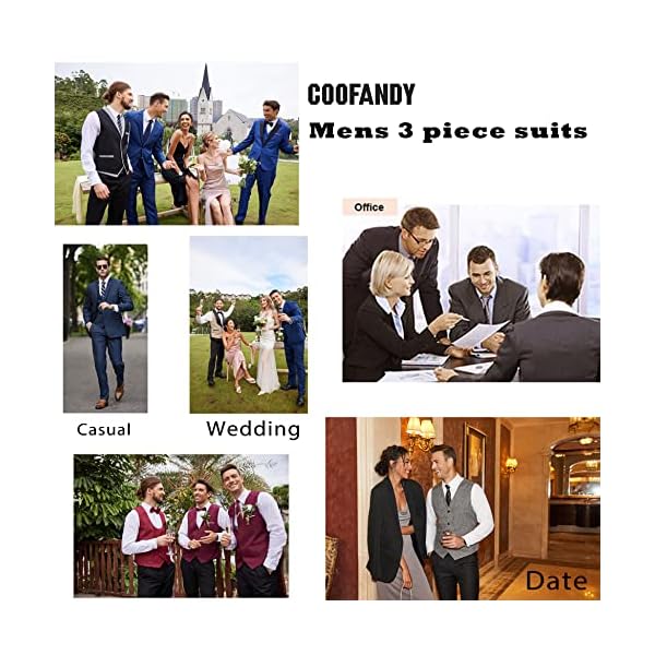 COOFANDY Men's 3 Piece Slim Fit Suit Set One Button Jacket Blazer Vest Pants Set Wedding Formal Prom Tuxedo Suits, Black, X-Large - Image 6