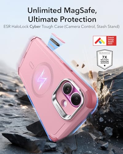 Image of ESR for iPhone 16 Plus Phone Case with Stand, 23ft Military-Grade Drop Protection with Camera Control, Shock-Absorbing Rugged Cover, Compatible with MagSafe Accessories, Cyber Series, Pink