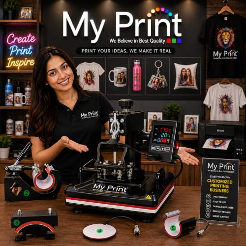 Image of MY PRINT | Heat Press 5 in 1 Digital Multi Functional | DTF PRINTING | Sublimation Printing | Vinyl Printing Machine for T-Shirts [Any Flat Product] with Cap Press, Plate Press, 11Oz Mug Press, with extra Mug Attachment | 12x15 Inch | For Business Supplies [Teflon Attached] (New Arrival 5in1)