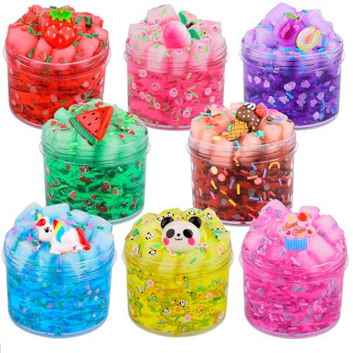 8 Pack Jelly Cube Crunchy Slime Kit, with Soft Stretchy Non-Sticky Clear Crunchy Slime Toy, Stress Relief Toy for Girls and Boys, Best Birthday Gift, Kids Party Favors and School Education