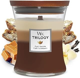 Duża świeca zapachowa WoodWick Trilogy w naczyniu w kształcie klepsydry z trzeszczącym knotem, Café Sweets, czas palenia do 130 godzin
