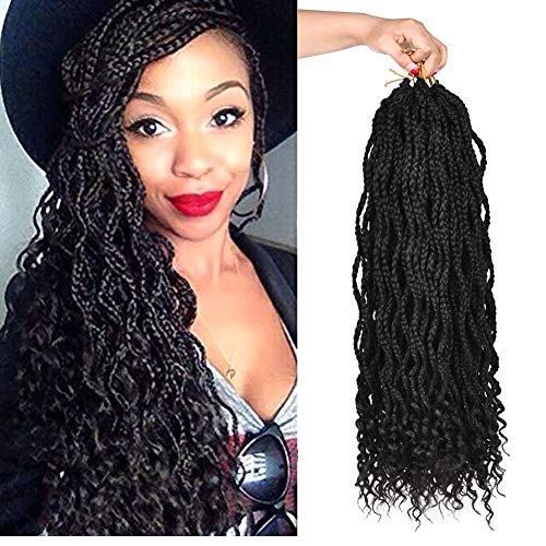 AliRobam 6Packs Curly Box Braids 18inch 24Strands/Pack Synthetic Kanekalon Crochet Braids Black Color Freetress End Wavy Braiding Hair Extensions(18inch,1B)