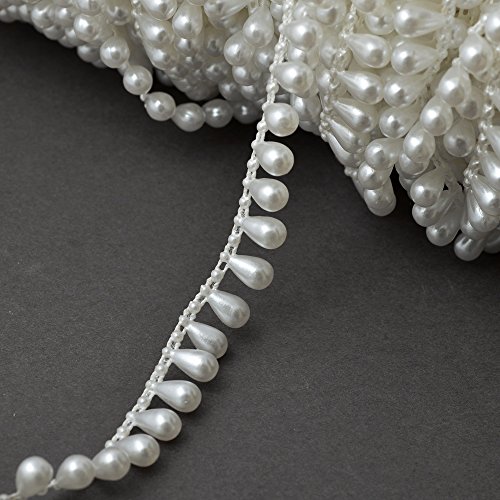 11mm 3-Yards Faux Pear Pearl Beads on a String, Pearl Fringe Trim for Home Deco, Lamp Shade, Costume, SP-2259 (White)