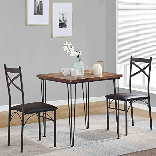 VECELO Dining Set Industrial Style 3 Pieces Kitchen Wood Table 2 Chairs with Metal Legs，Retro Brown and Black