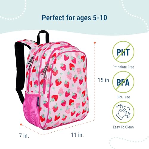 Image of Wildkin 15 Inch Backpack for Kids, Strawberry | Ages 5-10, padded straps, side water bottle pocket - coordinates with matching Wildkin lunch boxes and water bottles